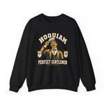 Hoquiam Perfect Gentlemen Crewneck Sweatshirt in black with the Hoquiam Perfect Gentlemen logo, a mustached gentleman in a straw boater tipping his hat between two pennants on the front