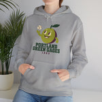 Portland Green Gages Hoodie in sport grey with the Portland Green Gages logo, a cartoon green plum tossing a baseball on the front, worn by model