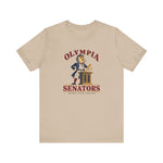 Olympia Senators Premium Lightweight T-Shirt in tan with the Olympia Senators logo, a bearded senator in a frock coat at a podium with a bat on the front