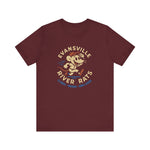 Burgundy Evansville River Rats vintage baseball team t-shirt featuring a cartoon rat logo on front center.