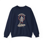 Louisville Eclipse Crewneck Sweatshirt in navy with the Louisville Eclipse logo, an 1880s ballplayer leaning on a bat in front of a red sunburst on the front