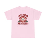 Lancaster Red Roses Heavyweight T-Shirt in light pink with the Lancaster Red Roses logo, a red rose with a baseball at its center on the front