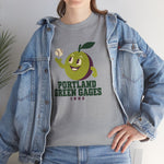 Portland Green Gages Heavyweight T-Shirt in sport grey with the Portland Green Gages logo, a cartoon green plum tossing a baseball on the front, worn by model