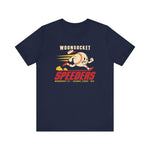 Woonsocket Speeders Premium Lightweight T-Shirt in navy with the Woonsocket Speeders logo, a running baseball character with speed lines and its cap flying off, over Speeders in bold red italic letters on the front
