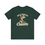 Bellingham Chinooks Premium Lightweight T-Shirt in forest with the Bellingham Chinooks logo, a leaping chinook salmon in a ball cap above splashing water and script lettering on the front