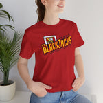 Reno BlackJacks Premium Lightweight T-Shirt in red with the Reno BlackJacks logo, a Jack of Spades holding a bat above slanted BlackJacks lettering on the front, worn by model