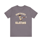 Pawtucket Slaters Premium Lightweight T-Shirt in storm with the Pawtucket Slaters logo, a cotton mill bobbin character in a ball cap swinging a bat, with a loose thread trailing behind on the front