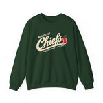 Wenatchee Chiefs Crewneck Sweatshirt in forest green with the Wenatchee Chiefs logo, script lettering with an apple stitched like a baseball on the front