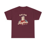 Salem Raglans Heavyweight T-Shirt in maroon with the Salem Raglans logo, a mustached ballplayer in a raglan shirt on the front