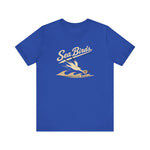 Jacksonville Beach Sea Birds Premium Lightweight T-Shirt in true royal with the diving shorebird skimming over waves in navy script lettering on the front