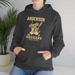 Anderson Orphans Hoodie in dark heather with the golden dog batter in a cap and green striped jersey on the front, worn by model