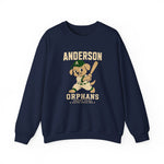 Anderson Orphans Crewneck Sweatshirt in navy with the golden dog batter in a cap and green striped jersey on the front