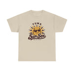 Yuma Sun Sox Heavyweight T-Shirt in sand with the Yuma Sun Sox logo, a smiling baseball sun wearing sunglasses on the front