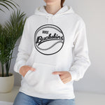 Boise Buckskins Hoodie in white with the Boise Buckskins logo, script lettering across a stitched baseball on the front, worn by model