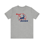 Bend Bucks Premium Lightweight T-Shirt in athletic heather with the Bend Bucks logo, a leaping buck over a red-stitched baseball on the front