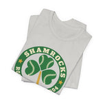 Roseburg Shamrocks Premium Lightweight T-Shirt in silver with the Roseburg Shamrocks logo, a shamrock of baseballs with a bat stem in a green ring on the front, folded