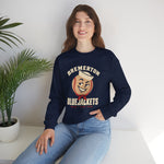 Bremerton Bluejackets Crewneck Sweatshirt in navy with the Bremerton Bluejackets logo, a smiling baseball in a sailor cap and red neckerchief on the front, worn by model