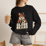 Globe Bears Crewneck Sweatshirt in black with the Globe Bears logo, a scowling bear cub in a ball cap and glove on the front, worn by model