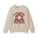 Lancaster Red Roses Crewneck Sweatshirt in sand with the Lancaster Red Roses logo, a red rose with a baseball at its center on the front