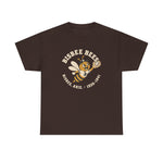 Bisbee Bees Heavyweight T-Shirt in dark chocolate with the Bisbee Bees logo, a cartoon bee in a ball cap catching a baseball on the front
