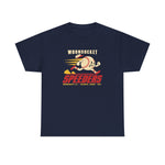 Woonsocket Speeders Heavyweight T-Shirt in navy with the Woonsocket Speeders logo, a running baseball character with speed lines and its cap flying off, over Speeders in bold red italic letters on the front