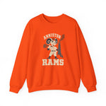 Anniston Rams Crewneck Sweatshirt in orange with the Anniston Rams logo, a cartoon ram ballplayer holding a foundry rammer beside a smoking smokestack on the front