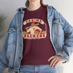 Yakima Packers Heavyweight T-Shirt in maroon with the Yakima Packers logo, a ballplayer holding a bat and a crate of apples on the front, worn by model