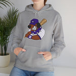 Merrillville Muddogs Hoodie in sport grey with the Merrillville Muddogs logo, a snarling bulldog in a purple cap holding a bat on the front, worn by model