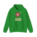 Palatka Azaleas Hoodie in irish green with the smiling pink flower mascot with two baseballs above it on the front
