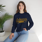 Anderson Lawmen Crewneck Sweatshirt in navy with the Anderson Lawmen logo, gold script lettering with a tail swoosh on the front, worn by model