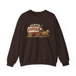 Clovis Pioneers Crewneck Sweatshirt in dark chocolate with the Clovis Pioneers logo, a ballplayer with a raised bat riding a horse-drawn covered wagon, with Pioneers on the canvas on the front