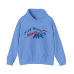 Blue Mountain Bears Hoodie in carolina blue with the Blue Mountain Bears logo, a snarling bear below a red mountain peak on the front