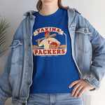 Yakima Packers Heavyweight T-Shirt in royal with the Yakima Packers logo, a ballplayer holding a bat and a crate of apples on the front, worn by model