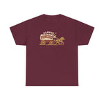 Clovis Pioneers Heavyweight T-Shirt in maroon with the Clovis Pioneers logo, a ballplayer with a raised bat riding a horse-drawn covered wagon, with Pioneers on the canvas on the front