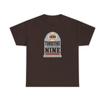 Tombstone Nine Heavyweight T-Shirt in dark chocolate with the Tombstone Nine logo, a grey headstone topped by a baseball marked 1890, with Base Ball Club and a Territorial Champions banner on the front