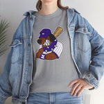 Merrillville Muddogs Heavyweight T-Shirt in sport grey with the Merrillville Muddogs logo, a snarling bulldog in a purple cap holding a bat on the front, worn by model