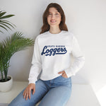 Grays Harbor Loggers Crewneck Sweatshirt in white with the Grays Harbor Loggers logo, script lettering with a tail swash on the front, worn by model