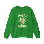 Tacoma Daisies Crewneck Sweatshirt in irish green with the Tacoma Daisies logo, a daisy inside a diamond with a mountain peak above on the front