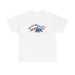 Blue Mountain Bears Heavyweight T-Shirt in white with the Blue Mountain Bears logo, a snarling bear below a red mountain peak on the front