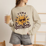 Yuma Sun Sox Crewneck Sweatshirt in sand with the Yuma Sun Sox logo, a smiling baseball sun wearing sunglasses on the front, worn by model