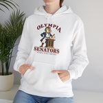 Olympia Senators Hoodie in white with the Olympia Senators logo, a bearded senator in a frock coat at a podium with a bat on the front, worn by model