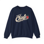Wenatchee Chiefs Crewneck Sweatshirt in navy with the Wenatchee Chiefs logo, script lettering with an apple stitched like a baseball on the front