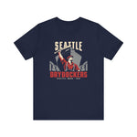 Seattle Drydockers Premium Lightweight T-Shirt in navy with the Seattle Drydockers logo, a shipyard worker raising a bat in front of a ship in drydock on the front