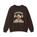 Tucson Cowboys Crewneck Sweatshirt in dark chocolate with the Tucson Cowboys logo, a cowboy in front of a saguaro with 1941 and 1953 pennant banners on the front