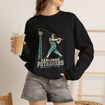 Carlsbad Potashers Crewneck Sweatshirt in black with the Carlsbad Potashers logo, a miner in a hard hat and headlamp finishing his swing as the ball arcs over a ballpark light tower, with Potashers in block letters on the front, worn by model