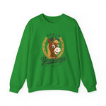 Ocala Yearlings Crewneck Sweatshirt in irish green with the horse head peeking through a gold horseshoe wearing a green cap on the front