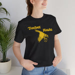 Bend Timber Hawks Premium Lightweight T-Shirt in black with the Bend Timber Hawks logo, a diving gold hawk clutching a baseball on the front, worn by model