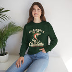Bellingham Chinooks Crewneck Sweatshirt in forest green with the Bellingham Chinooks logo, a leaping chinook salmon in a ball cap above splashing water and script lettering on the front, worn by model