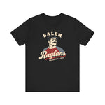 Salem Raglans Premium Lightweight T-Shirt in black with the Salem Raglans logo, a mustached ballplayer in a raglan shirt on the front