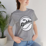 Boise Buckskins Premium Lightweight T-Shirt in athletic heather with the Boise Buckskins logo, script lettering across a stitched baseball on the front, worn by model